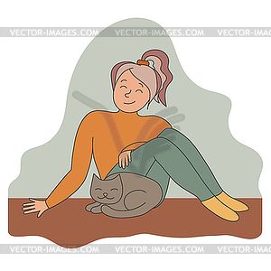 Young woman is resting near her sleeping cat - vector clipart