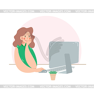 Young woman works at the computer - vector image