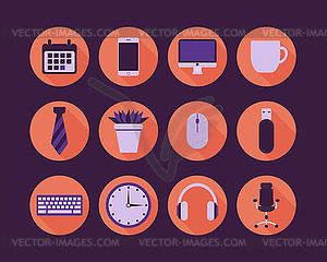 Work flat icon set in purple and orange colors. Office  - vector image