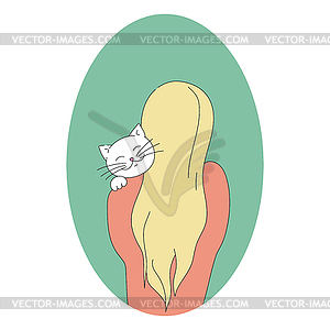 Girl is hugging a white cat. Love my pet theme - stock vector clipart