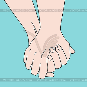 Hand drawn art of hand in hand on blue background - vector clip art