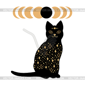 Black magical cat with star pattern and eclipse stages - vector clipart