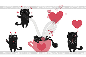 Set of cute hand drawn black cats and hearts - vector clip art