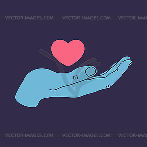 Heart on cupped hand. Human hand holding a heart - vector clipart