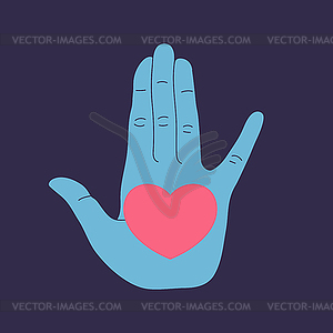 Heart on open palm sign. Hand drawn hand holding heart - vector image