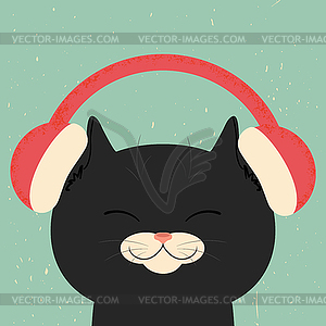 Black cat in headphones. Cat listening to music - vector image