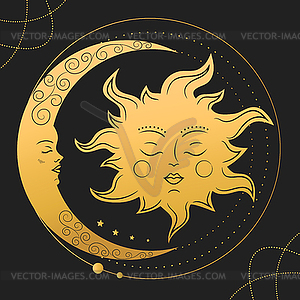 Moon Crescent and Sun. Gold celestial background - vector EPS clipart