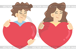 Smiling man and woman holding hearts. Guy and girl  - vector clipart