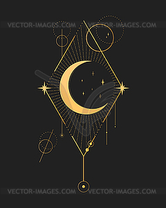 Abstract celestial emblem with a crescent, stars - vector image