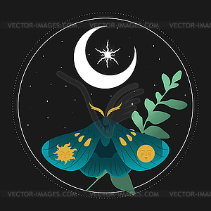 Небесный фон с голубым мотыльком, звездой и полумесяцем  - векторное графическое изображение