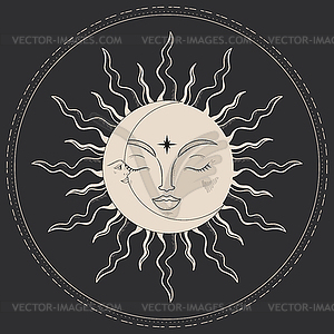 Celestial emblem with a sun and crescent - vector image