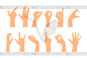 Set of raised human hands showing different gestures - vector image