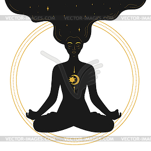 Woman sitting in lotus pose and meditating - vector clip art