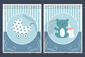 Template cards with baby carriage and teddy bear - royalty-free vector image