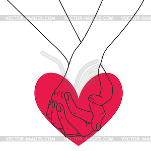 Hand in hand outline on heart background  - vector image