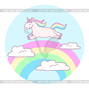 Cute cartoon unicorn is flying over the rainbow - vector image