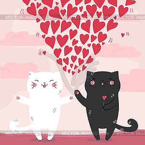 Две нарисованные от руки влюбленные кошки с сердечками на фоне розового заката  - изображение в векторном формате