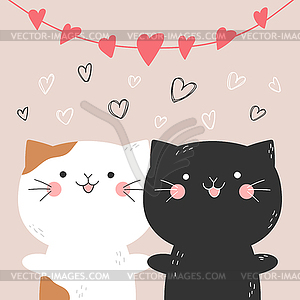 Две милые нарисованные от руки кошки держат друг друга за лапы - векторный клипарт
