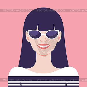 Happy smiling young woman wearing sunglasses. Portrait - vector image