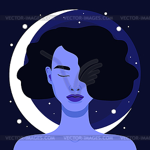 Young woman with closed eyes on night sky background - vector clipart