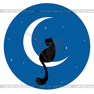 Cute black cat sitting on a crescent on blue night sky  - vector clip art