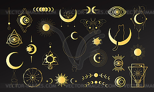 Большой набор золотых небесных магических символов - изображение в векторном формате