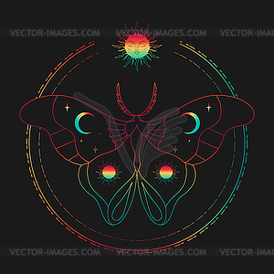 Rainbow colored celestial background with butterfly - vector clipart
