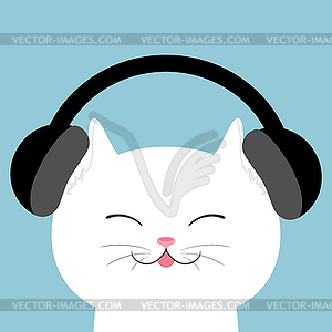 Cartoon white cat in headphones. Cat listens to music - vector image