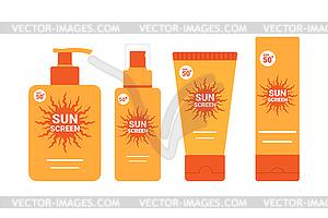 Bottles and tubes with a sunscreen lotion or cream - vector clip art