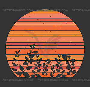 Retro style background with sunset and plants. Vintage  - vector image