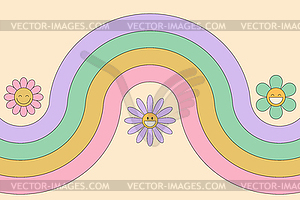 Groovy background with rainbow and smiling daisy flower - vector image