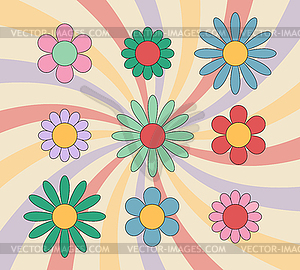 Groovy daisy flowers colorful set. Hippie retro style - vector clip art