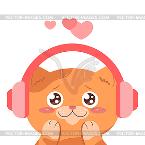 Симпатичный рыжий полосатый кот в наушниках - изображение в векторе / векторный клипарт
