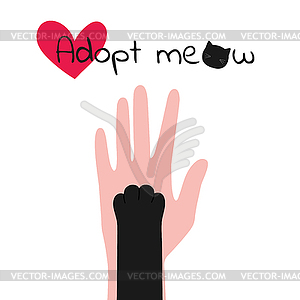 Adopt meow. Cat paw on human hand. Adopt a pet - vector clipart