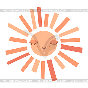 Cute hand drawn smiling sun with closed eyes - vector image