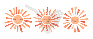 Милые нарисованные от руки улыбающиеся солнышки разных форм - векторное графическое изображение