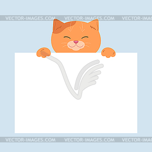 Cartoon ginger cat holding a blank paper sheet - vector clip art