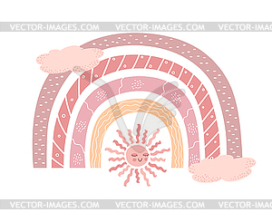 Нарисованная вручную модная радуга, украшенная солнцем - векторный клипарт