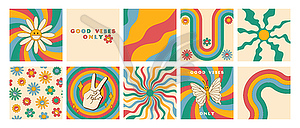 Set of groovy retro style cards in rainbow color - vector image