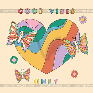 Good vibes only slogan groovy background. Wavy heart - royalty-free vector image