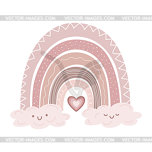 Hand drawn trendy rainbow decorated with cute clouds - vector clip art