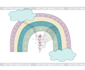 Нарисованная вручную модная радуга, украшенная цветком - векторное изображение клипарта