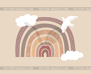 Нарисованная вручную модная радуга, украшенная голубем и облаком - изображение в формате EPS