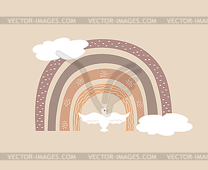 Hand drawn rainbow decorated with dove and clouds - vector clip art