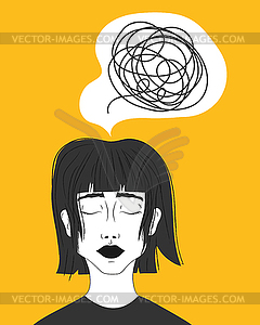 Девушка с запутанными мыслями, тревогой и беспорядком в голове.  - векторное изображение EPS