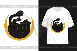 T shirt print design with sleeping black cat - vector clip art