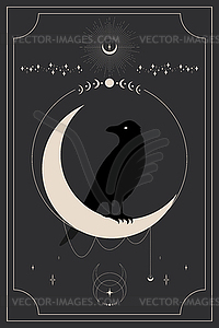 Tarot card with a black crow sitting on a crescent - vector clipart