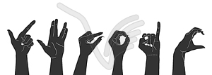 Set of raised human hands silhouettes showing gestures - vector image