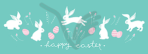 Easter banner decorated with cute white bunnies, flower - vector image