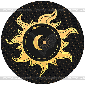 Abstract celestial emblem with a sun, crescent and star - vector clipart